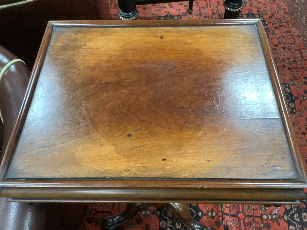 A Victorian rosewood rectangular tripod table, width 49cm, depth 39cm, height 75cm